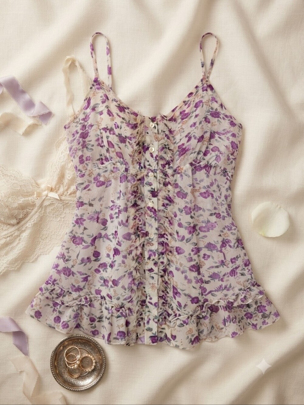 Express Sheer Cream Purple Floral Fairy Cottagecore Babydoll Cami Tank Top